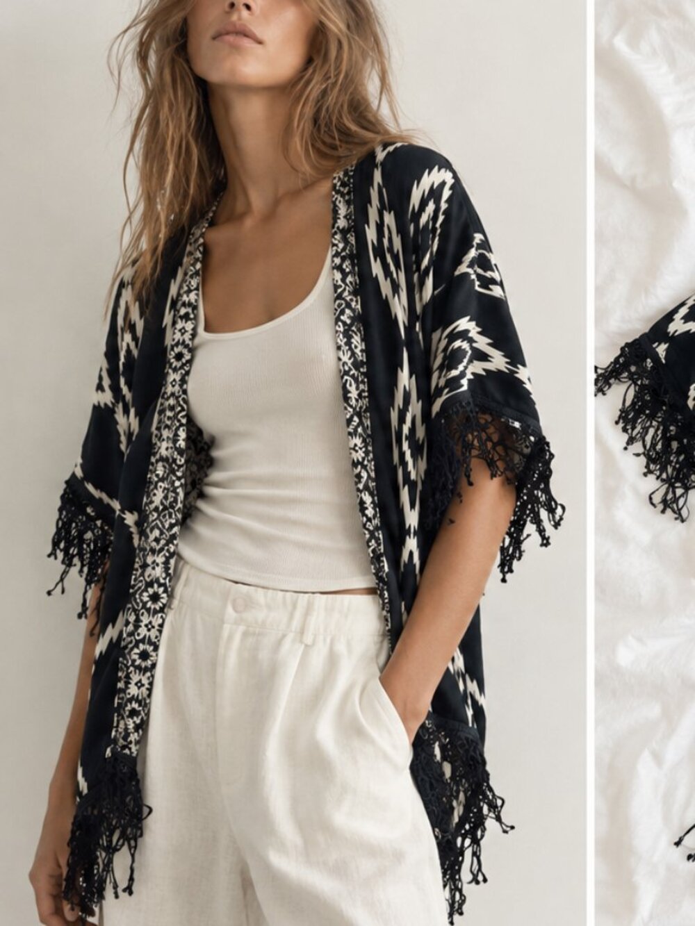 Boho Black & White Fringe Kimono
